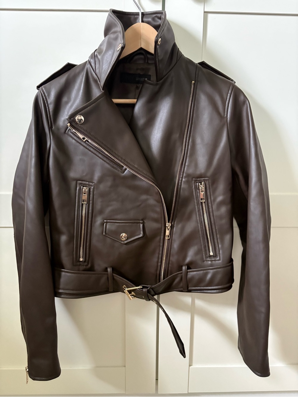 Zara Dark Brown Faux Leather Moto Jacket with Gold Hardware